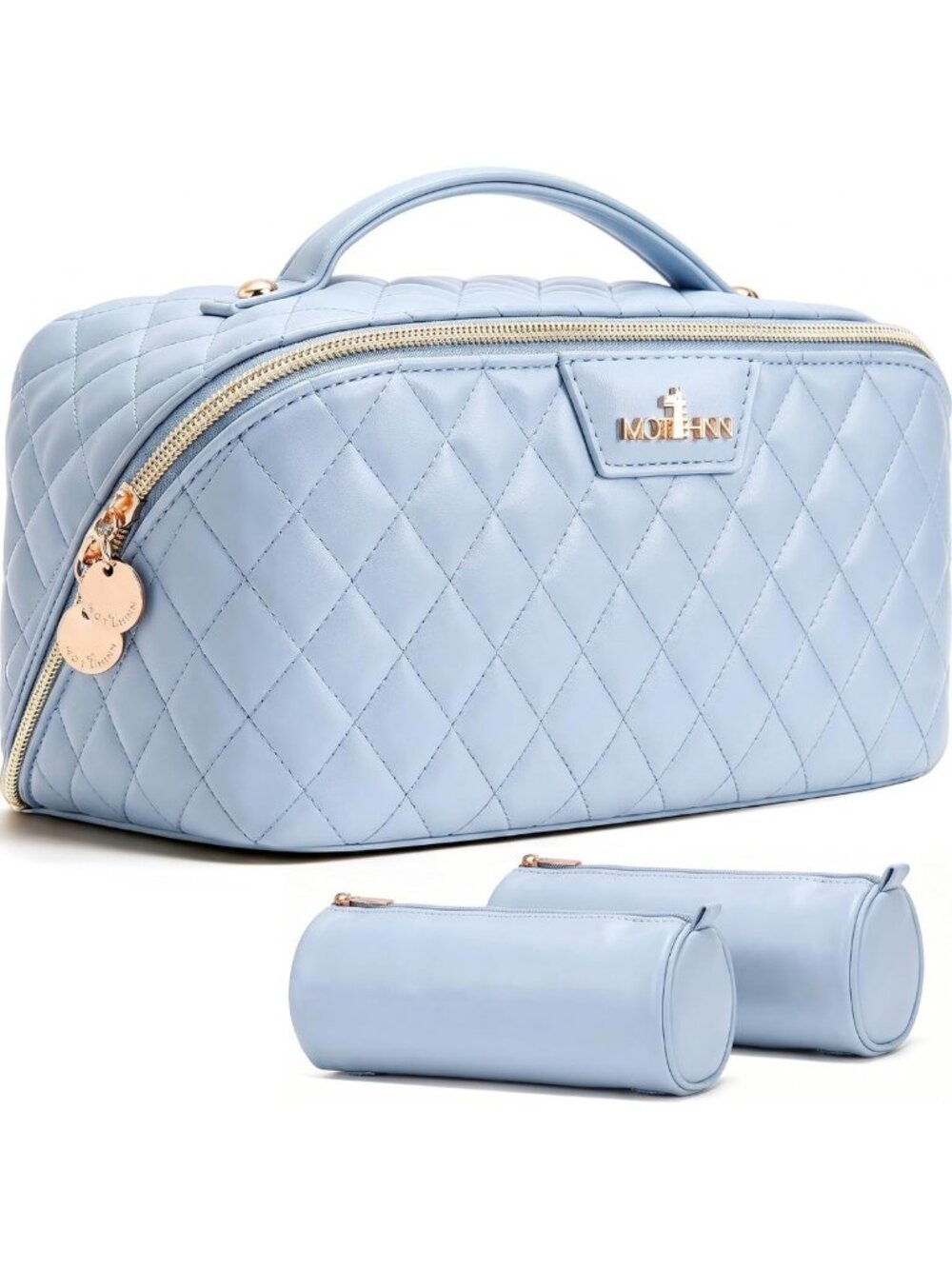 Quilted Travel Makeup Bag Organizer Set of 3 for Women - Stylish Blue Pouch